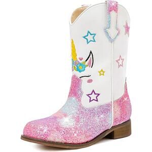 Motasha Little Girls Size 9 Cowgirl Boots Glitter Star Unicorn Round Toe Shoes